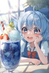 Rule 34 | 1girl, absurdres, ahoge, blue bow, blue dress, blue eyes, blue hair, blush, bow, cirno, collared shirt, commentary, cream soda, dress, drink, fairy, food, hair between eyes, hair bow, highres, ice, ice wings, open mouth, shirt, short hair, short sleeves, smile, solo, touhou, wheat retzel, white shirt, wings