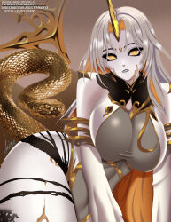 Rule 34 | 1girl, animal, aramyx, artist name, ass, bare shoulders, black lips, blonde hair, breasts, curvy, eyeshadow, fire emblem, fire emblem heroes, forehead jewel, giant snake, gold trim, grey hair, gullveig (fire emblem), horns, large breasts, leotard, long hair, long sleeves, looking at viewer, makeup, multicolored hair, nintendo, oversized animal, pale skin, revealing clothes, signature, simple background, single horn, snake, solo, thick thighs, thighs, twitter username, two-tone hair, yellow eyes, yellow horns