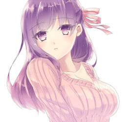 Rule 34 | 1girl, breasts, cleavage, collarbone, fate/stay night, fate (series), floating hair, hair between eyes, hair ribbon, long hair, looking at viewer, matou sakura, medium breasts, parted lips, pink ribbon, pink sweater, purple eyes, purple hair, ribbed sweater, ribbon, ro96cu, simple background, solo, sweater, upper body, white background