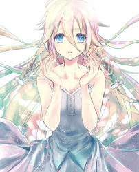 Rule 34 | 1girl, alicetype, blue eyes, breasts, cleavage, collarbone, crying, crying with eyes open, dress, hair between eyes, highres, ia (vocaloid), long hair, looking at viewer, silver hair, small breasts, smile, solo, tan, tears, vocaloid, white background, white dress
