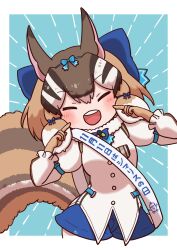 Rule 34 | 1girl, absurdres, animal ears, blue background, brown hair, closed eyes, extra ears, gloves, highres, kemono friends, kemono friends v project, looking at viewer, microphone, mugise hitsuji, multicolored hair, ribbon, shirt, short hair, shorts, siberian chipmunk (kemono friends), simple background, smile, solo, tail, translation request, two-tone hair, vest, virtual youtuber, white hair