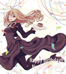 Rule 34 | 1girl, :d, black bow, black dress, black jacket, black pantyhose, bow, character name, confetti, dress, eyepatch, floating hair, happy birthday, high heels, highres, higyaku no noel, holding, holding plate, jacket, light brown hair, long hair, long sleeves, nanoko, noel cerquetti, open clothes, open jacket, open mouth, pantyhose, plate, pumps, red eyes, smile, solo, straight hair, twitter username, very long hair