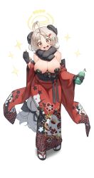 Rule 34 | + +, 1girl, absurdres, ahoge, bare shoulders, black gloves, black scarf, blue archive, bottle, breasts, cleavage, commentary, floral print, full body, gloves, grey hair, hair ornament, hairclip, halo, highres, holding, holding bottle, izumi (blue archive), japanese clothes, keureu (tiqkdtiqkd10), kimono, large breasts, long hair, looking at viewer, open mouth, print kimono, red kimono, scarf, simple background, smile, solo, standing, symbol-only commentary, tabi, white background, yellow eyes