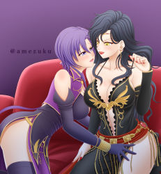 Rule 34 | 2girls, amezuku, bare shoulders, black dress, black hair, blue eyes, blush, breasts, circlet, cleavage, collarbone, detached sleeves, dress, earrings, elbow gloves, fingernails, fire emblem, fire emblem: the blazing blade, fire emblem heroes, gloves, hand on own hip, highres, jewelry, large breasts, lipstick, long hair, looking at another, makeup, multiple girls, nail polish, nintendo, no panties, open mouth, plunging neckline, purple dress, purple eyes, purple hair, short hair, side slit, smile, sonia (fire emblem: the blazing blade), thighs, touching another&#039;s back, ursula (fire emblem), yellow eyes, yuri