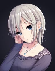 Rule 34 | 1girl, anastasia (idolmaster), bad id, bad pixiv id, black background, blue eyes, collarbone, earrings, hair between eyes, hand in own hair, head tilt, highres, idolmaster, idolmaster cinderella girls, jewelry, kusaka24, looking at viewer, necklace, parted lips, purple sweater, ribbed sweater, short hair, silver hair, solo, sweater, upper body