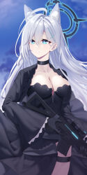 Rule 34 | 1girl, absurdres, ahoge, animal ear fluff, animal ears, black choker, black dress, black gloves, blue archive, blue eyes, breasts, choker, cleavage, cloud, cloudy sky, collarbone, commentary request, dress, gloves, grey hair, gun, hair between eyes, hair ornament, halo, highres, holding, holding gun, holding weapon, long sleeves, looking away, looking to the side, medium breasts, neps-l, outdoors, parted lips, shiroko (blue archive), shiroko terror (blue archive), skindentation, sky, solo, thigh strap, weapon, wide sleeves