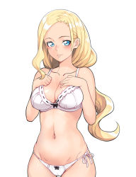 Rule 34 | 1girl, blonde hair, blue eyes, blush, bow, bow bra, bow panties, bra, breasts, character request, cleavage, copyright request, cowboy shot, hands on own chest, low ponytail, medium breasts, navel, panties, parted bangs, shin&#039;ya (shin&#039;yanchi), side-tie panties, simple background, single sidelock, smile, solo, underwear, underwear only, white background, white bra, white panties