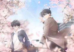 Rule 34 | 2boys, black-framed eyewear, black hair, blurry, blurry background, blurry foreground, brown jacket, building, cang cheng, closed mouth, glasses, hand up, hood, hood down, hoodie, jacket, kaitou kid, kudou shin&#039;ichi, long sleeves, male focus, meitantei conan, multiple boys, one eye closed, open clothes, open jacket, outdoors, round eyewear, short hair, tree, white hoodie