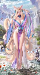 Rule 34 | 1girl, ahri (league of legends), animal ear fluff, animal ears, arms up, ass, bad anatomy, barefoot, bell, bird, blonde hair, blue eyes, blue neckwear, blush, breasts, detached collar, facial mark, fox ears, fox tail, hair bell, hair ornament, hair ribbon, highres, korean clothes, large breasts, league of legends, long hair, looking at viewer, mountain, nail polish, nipples, open mouth, parted bangs, ribbon, seductive smile, sky, smile, soles, solo, spirit blossom ahri, tail, tongue, tongue out, tree, tsuki no i-min, water, waterfall, wet, whisker markings