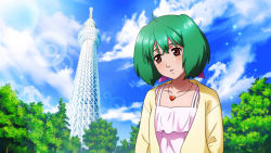 Rule 34 | 1girl, ahoge, brown eyes, cardigan, collarbone, game cg, green hair, heart, heart necklace, jewelry, macross, macross frontier, macross frontier: itsuwari no utahime, necklace, official art, outdoors, ranka lee, short hair, solo, spaghetti strap, uta macross sumaho deculture