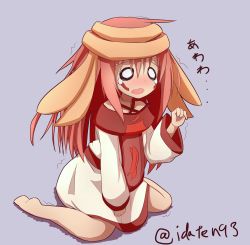 Rule 34 | 1girl, absurdres, barefoot, blush, commentary request, dress, facial mark, full body, grey background, hair between eyes, hand up, highres, idaten93, laila a. sparrow, long hair, long sleeves, nose blush, o o, open mouth, original, red hair, simple background, sitting, solo, teardrop, translation request, trembling, twitter username, wariza, wavy mouth, white dress, wide sleeves