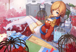Rule 34 | 1girl, arm support, bad id, bad pixiv id, blonde hair, blue eyes, cage, catsmoon, epaulettes, flower, fourragere, from above, garter straps, high heels, looking to the side, miniskirt, rose, sitting, skirt, solo, thighhighs, turret, uniform, warship girls r