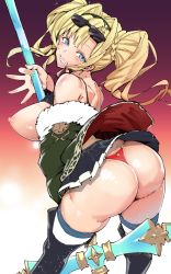 Rule 34 | 1girl, ass, back, blue eyes, blush, boots, braid, breasts, clothes lift, eyewear on head, fur trim, granblue fantasy, grin, highres, holding, holding weapon, huge ass, jacket, large breasts, looking at viewer, looking back, nipples, off shoulder, panties, pleated skirt, pokkora, red panties, shirt lift, skirt, smile, solo, sunglasses, thigh boots, thighhighs, thighhighs under boots, twintails, underwear, weapon, white thighhighs, zeta (dark) (granblue fantasy), zeta (granblue fantasy)