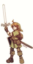Rule 34 | 1boy, ahoge, bad id, bad tumblr id, blonde hair, boots, elbow pads, hat, highres, holding, holding sword, holding weapon, knee pads, link, male focus, master sword, nintendo, pointy ears, robaato, scabbard, sheath, shield, solo, sword, the legend of zelda, tunic, weapon