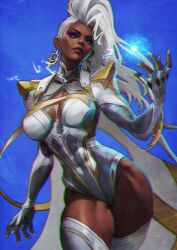 1girl absurdres blue_eyes bodysuit breasts cape cleavage dark-skinned_female dark_skin earrings highres jewelry large_breasts leotard long_hair looking_at_viewer makeup marvel marvel_rivals monori_rogue solo storm_(x-men) superhero_costume thighhighs very_dark_skin white_hair x-men