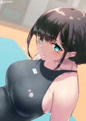 Rule 34 | 1girl, bare shoulders, black hair, breasts, commentary request, competition swimsuit, green eyes, jonsun, large breasts, mole, mole under eye, one-piece swimsuit, original, sideboob, solo, swimsuit, twitter username