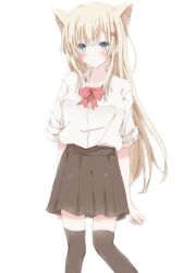 Rule 34 | 1girl, animal ears, black thighhighs, blonde hair, blue eyes, blush, bow, cat ears, hair ornament, hiro (hirohiro31), long hair, looking at viewer, original, over-kneehighs, pleated skirt, red bow, shirt, skirt, sleeves rolled up, solo, thighhighs, white background, white shirt, x hair ornament