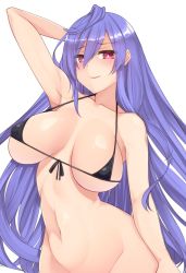 Rule 34 | 1girl, :d, ahoge, alternate costume, arm at side, arm behind head, arm up, armpits, bare arms, bare shoulders, bikini, bikini top only, black bikini, blue hair, blush, breasts, breasts apart, cleavage, collarbone, cowboy shot, doria (p f dolia), eyes visible through hair, female focus, groin, hair between eyes, highres, iris heart, kami jigen game neptune v, large breasts, long hair, looking at viewer, micro bikini, navel, neck, neptune (series), open mouth, power symbol-shaped pupils, pururut, red eyes, simple background, smile, solo, standing, stomach, strap, swimsuit, symbol-shaped pupils, very long hair, white background