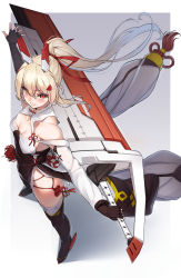 Rule 34 | 1girl, absurdres, alternate costume, ayanami (azur lane), ayanami (lunar demon) (azur lane), ayanami (lunar demon) (azur lane), azur lane, black legwear, blush, bow, breasts, china dress, chinese clothes, cleavage, collarbone, commentary request, detached sleeves, dress, elbow gloves, fingerless gloves, from above, gloves, gradient background, hair between eyes, headgear, high ponytail, highres, holding, holding weapon, huge weapon, light smile, looking at viewer, medium breasts, orange eyes, outstretched arm, pelvic curtain, ponytail, red bow, red ribbon, ribbon, side slit, sidelocks, smile, sword, weapon, yamanokami eaka