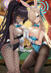 Rule 34 | 2girls, :d, animal ears, arm behind back, artist name, asuna (blue archive), asuna (bunny) (blue archive), bare arms, bare shoulders, black bow, black bowtie, black hair, black leotard, black pantyhose, blonde hair, blue archive, blue bow, blue bowtie, blue eyes, blue leotard, blue ribbon, blurry, blurry background, blush, bokeh, bow, bowtie, breasts, casino card table, cleavage, closed mouth, collarbone, commentary, covered navel, curtains, dark-skinned female, dark skin, depth of field, detached collar, dot mouth, dot nose, fake animal ears, fake tail, fishnet legwear, fishnets, forehead, gloves, hair between eyes, hair over one eye, hair ribbon, halo, high ponytail, highleg, highleg leotard, highres, holding hands, indoors, karin (blue archive), karin (bunny) (blue archive), large breasts, leotard, long hair, looking at viewer, mole, mole on breast, multiple girls, nassss, official alternate costume, open mouth, pantyhose, parted bangs, playboy bunny, rabbit tail, ribbon, side-tie leotard, smile, sparkle, strapless, strapless leotard, swept bangs, table, tail, teeth, very long hair, white gloves, wrist cuffs