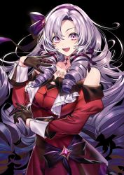 Rule 34 | 1girl, bare shoulders, black gloves, blush, breasts, dress, drill hair, gloves, highres, hyakumantenbara salome, hyakumantenbara salome (1st costume), large breasts, light purple hair, long hair, looking at viewer, nijisanji, off-shoulder dress, off shoulder, open mouth, parted bangs, purple eyes, red dress, smile, solo, tenobe, virtual youtuber