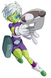Rule 34 | 1girl, absurdres, armor, belt, bodysuit, bodysuit under armor, breastplate, cheelai, closed mouth, colored skin, dragon ball, dragon ball super, full body, gloves, green skin, gun, highres, holding, holding gun, holding weapon, incredibly absurdres, jumping, looking at viewer, pink eyes, purple bodysuit, scouter, short hair, smile, solo, weapon, white footwear, white gloves, white hair