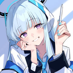 Rule 34 | 1girl, blue archive, blue hair, blue nails, blue necktie, blush, commentary, fingernails, halo, headgear, highres, holding, holding pen, jacket, long hair, looking at viewer, mechanical halo, nail polish, necktie, noa (blue archive), pen, purple eyes, shirt, smile, solo, upper body, white jacket, white shirt, xiaoxiao de kuangsan