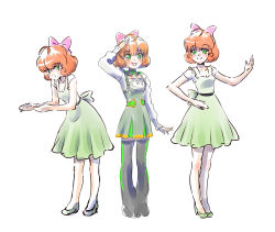 Rule 34 | 1girl, ahoge, alternate costume, bare legs, bow, breasts, cleavage, collarbone, curly hair, dress, eyebrows, freckles, green dress, green eyes, hair bow, high heels, iesupa, mannequin, multiple views, neon trim, open mouth, orange hair, penny polendina, pleated dress, rwby, salute, short dress, small breasts, smile, thighhighs