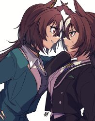 Rule 34 | 2girls, animal ears, arm up, artist name, black jacket, black pants, breasts, brown hair, cleavage, closed mouth, collared shirt, cross tie, dual persona, eye contact, face-to-face, from behind, frown, green jacket, grey shirt, hair between eyes, hand on own hip, highres, horse ears, jacket, leaning forward, long hair, long sleeves, looking at another, medium breasts, multiple girls, open clothes, open jacket, pants, pendant choker, red eyes, shirt, simple background, sirius symboli (escorte etoile) (umamusume), sirius symboli (umamusume), smile, umamusume, upper body, v-shaped eyebrows, white background, white shirt, zhu (nitamagr)