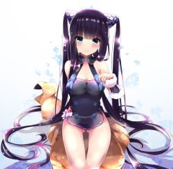 Rule 34 | 1girl, bare shoulders, black dress, blue background, blue eyes, blue flower, blush, breasts, cleavage, closed mouth, commentary request, dress, fate/grand order, fate (series), floral print, flower, fur trim, fuuna, gluteal fold, gradient background, hair ornament, hand up, long hair, medium breasts, purple hair, shadow, short dress, sleeveless, sleeveless dress, smile, solo, twintails, very long hair, white background, yang guifei (fate), yang guifei (second ascension) (fate)