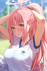 Rule 34 | 1girl, arms up, blue archive, blurry, blurry background, blush, breasts, halo, highres, large breasts, long hair, looking at viewer, mika (blue archive), nira (vira), parted lips, pink hair, ponytail, shirt, short sleeves, sidelocks, solo, sweat, tying hair, upper body, white shirt, wings, yellow eyes
