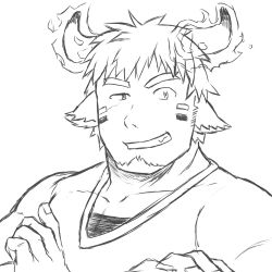 Rule 34 | 1boy, absurdres, animal ears, bara, cow boy, cow ears, cow horns, crossed arms, facepaint, facial hair, fiery horns, forked eyebrows, glowing horns, goatee, greyscale, grin, highres, horns, looking at viewer, male focus, monochrome, pectorals, portrait, raised eyebrow, short hair, smile, smug, solo, tatatan (ts kon2), thick eyebrows, tokyo houkago summoners, upper body, wakan tanka