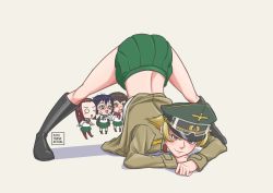 Rule 34 | 4girls, artist name, blonde hair, blood, blush, blush stickers, brown eyes, brown hair, caesar (girls und panzer), chibi, erwin (girls und panzer), girls und panzer, goggles, goggles on head, green sailor collar, green skirt, hands on own cheeks, hands on own face, hat, highres, jack-o&#039; challenge, long hair, looking at viewer, midriff, military hat, multiple girls, nosebleed, one eye closed, ooarai school uniform, oryou (girls und panzer), pantyhose, pleated skirt, puto trash, red-framed eyewear, red ribbon, ribbon, saemonza (girls und panzer), sailor collar, school uniform, semi-rimless eyewear, short hair, skirt, smile, thighs, white background, yellow eyes