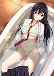 Rule 34 | 1girl, :o, aqua bikini, bathing, between breasts, bikini, bikini under clothes, black hair, black skirt, blunt bangs, blush, breasts, cleavage, clothes pull, collarbone, collared shirt, commentary request, hands in opposite sleeves, highres, indoors, kurokami (kurokaminohito), long hair, long sleeves, looking at viewer, looking up, lying, medium breasts, navel, necktie, necktie between breasts, on back, open clothes, open shirt, open skirt, original, parted lips, partially submerged, plaid, plaid necktie, plaid neckwear, pleated skirt, purple eyes, red necktie, see-through, shirt, side-tie bikini bottom, skirt, skirt pull, solo, stomach, string bikini, swimsuit, tile floor, tiles, underboob, water, wet, wet clothes, wet shirt, white shirt, wing collar