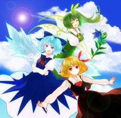 Rule 34 | 3girls, alternate wings, bad id, bad pixiv id, blonde hair, blue eyes, blue hair, cirno, cloud, crossed arms, daiyousei, day, dress, closed eyes, fairy wings, flower, gin fragrans, green hair, hair ribbon, lens flare, long hair, multiple girls, outstretched arms, red eyes, ribbon, rumia, short hair, side ponytail, sky, smile, spread arms, touhou, wings, yousei daisensou