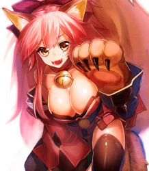 Rule 34 | 1girl, animal ears, animal hands, ayamori mimi, bell, black thighhighs, breasts, cleavage, collar, collarbone, fate/grand order, fate (series), fox ears, fox tail, hair ribbon, highres, large breasts, long hair, looking at viewer, neck bell, open mouth, pink hair, ribbon, solo, tail, tamamo (fate), tamamo cat (fate), tamamo cat (first ascension) (fate), tamamo no mae (fate/extra), thighhighs, yellow eyes