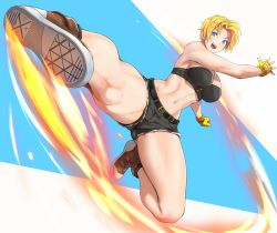 Rule 34 | 1girl, abs, alternate color, anagumasan, blonde hair, blue eyes, breasts, capcom, denim, denim shorts, final fight, final fight 3, fingerless gloves, fire, gloves, groin tendon, highres, kicking, large breasts, legs, lucia morgan, muscular legs, navel, shoes, short hair, shorts, smile, sneakers, sports bra, spread legs, street fighter, street fighter v, thick thighs, thighs, toned