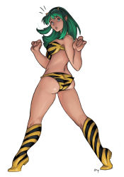 Rule 34 | 1girl, animal print, ass, blue eyes, boots, breasts, cone horns, emilio lopez, green hair, horns, large breasts, long hair, lum, oni, pointy ears, sideboob, solo, surprised, tiger print, urusei yatsura