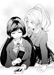 Rule 34 | 10s, 2girls, ayase eli, blazer, blush, breasts, card, chado, greyscale, jacket, large breasts, long hair, love live!, love live! school idol project, monochrome, multiple girls, open mouth, ponytail, school uniform, skirt, smile, tojo nozomi, twintails