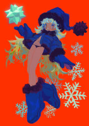 Rule 34 | 1girl, aqua hair, black panties, blue footwear, blue gloves, blue hat, blue jacket, boots, dark-skinned female, dark skin, flat chest, full body, fur-trimmed footwear, fur-trimmed headwear, fur-trimmed jacket, fur trim, gloves, hat, highres, jacket, jonpei, long hair, looking at viewer, navel, no pants, open clothes, open jacket, original, panties, polyhedron, pom pom (clothes), red background, red eyes, smile, snowflakes, solo, star-shaped pupils, star (symbol), symbol-shaped pupils, underwear, very long hair, wavy hair
