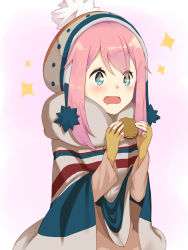Rule 34 | 1girl, bad id, bad pixiv id, beanie, blue eyes, blush, brown gloves, commentary request, cookie, drooling, fingerless gloves, food, gloves, grey scarf, hair between eyes, hat, highres, holding, holding food, kagamihara nadeshiko, long hair, open mouth, pink hair, reina (leinqchqn), scarf, sidelocks, solo, sparkle, yurucamp