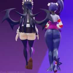 Rule 34 | 2girls, 3d, animated, ass, ass focus, black hair, dress, filia (skullgirls), from behind, long hair, lowres, multiple girls, ponytail, prevence, purple hair, shiny clothes, shiny skin, skullgirls, squigly (skullgirls), thick thighs, thighhighs, thighs, undead, very long hair, video, walking, zombie, zombie girl