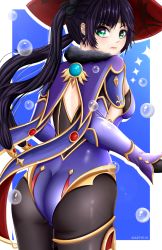 Rule 34 | 1girl, ass, black hair, blush, breasts, cape, from behind, genshin impact, gloves, green eyes, hat, highres, leotard, long hair, looking at viewer, martwi1k, medium breasts, mona (genshin impact), pantyhose, shiny clothes, shiny skin, sideboob, solo, twintails, very long hair