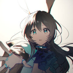 Rule 34 | 1girl, amiya (arknights), animal ears, arknights, blue eyes, blue neckwear, brown hair, commentary request, gradient background, grey background, hair between eyes, jewelry, long hair, looking at viewer, neck ring, parted lips, rabbit ears, reaching, reaching towards viewer, rella, solo, upper body, white background