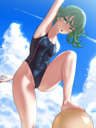 Rule 34 | 1boy, 1girl, armpits, bald, blue one-piece swimsuit, blue sky, breasts, cloud, cloudy sky, collarbone, covered erect nipples, covered navel, curly hair, curvy, feet, flipped hair, foot on head, gluteal fold, green eyes, green hair, highleg, highres, one-piece swimsuit, one-punch man, open mouth, petite, saitama (one-punch man), school swimsuit, shiny skin, short hair, sky, small breasts, solo focus, studiotagata, swimsuit, tatsumaki, thighs, wet, wide hips