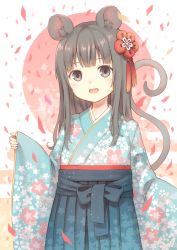 Rule 34 | 104, 1girl, animal ear fluff, animal ears, arms up, blue kimono, chinese zodiac, commentary, confetti, cowboy shot, egasumi, floral print, flower, grey eyes, grey hair, hair flower, hair ornament, hakama, hakama skirt, highres, japanese clothes, kimono, long sleeves, medium hair, mouse ears, mouse girl, mouse tail, new year, open mouth, original, pink background, print kimono, red sun, skirt, solo, standing, tail, teeth, two-tone background, upper teeth only, white background, year of the rat
