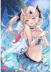 Rule 34 | 1girl, bare shoulders, bikini, bikini skirt, blue bikini, blush, breasts, choker, earrings, fang, frilled bikini, frilled choker, frilled straps, frills, gradient hair, grey hair, hair ribbon, highres, hololive, horns, jewelry, long hair, miakiuehashi, multicolored hair, nakiri ayame, nakiri ayame (hololive summer 2019), navel, official alternate costume, one eye closed, oni, open mouth, palm tree, red eyes, red hair, ribbon, shell, shell earrings, side-tie bikini bottom, skin-covered horns, skin fang, small breasts, solo, streaked hair, summer, swimsuit, tree, tropical, twintails, virtual youtuber, wading, water, white choker