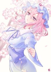 Rule 34 | 1girl, blue hat, blue kimono, cherry blossoms, commentary request, ellen drawing, frilled kimono, frills, hat, highres, japanese clothes, kimono, long sleeves, looking at viewer, mob cap, parted lips, pink eyes, pink hair, saigyouji yuyuko, sash, short hair, signature, simple background, solo, touhou, triangular headpiece, white background, wide sleeves