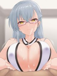 Rule 34 | 1boy, 1girl, absurdres, areola slip, blush, breasts, breasts squeezed together, closed mouth, covered erect nipples, cum, cum on body, cum on breasts, cum on eyewear, cum on upper body, ejaculation, facial, frown, hetero, highres, kitora mirja, large breasts, long hair, maruta (denmasked), paizuri, paizuri under clothes, penis, pov, pov crotch, projectile cum, silver hair, toji no miko, v-shaped eyebrows, yellow eyes