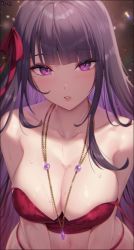 Rule 34 | 1girl, absurdres, blunt bangs, breasts, c.honey, cleavage, collarbone, genshin impact, hair ribbon, highres, jewelry, large breasts, looking at viewer, mole, mole under eye, necklace, parted lips, purple eyes, purple hair, raiden shogun, ribbon, signature, solo, wet
